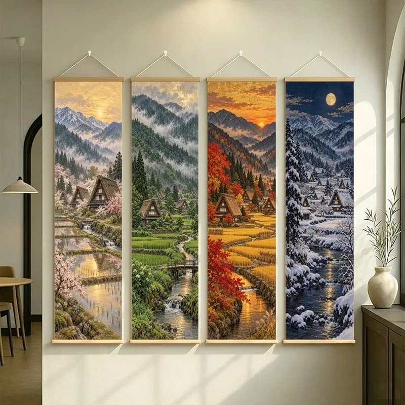 Japanese Wall Art Seasonal Mountain Village Views on Silver Shimmer Canvas for Peaceful Bedroom or Entryway Wall Decor