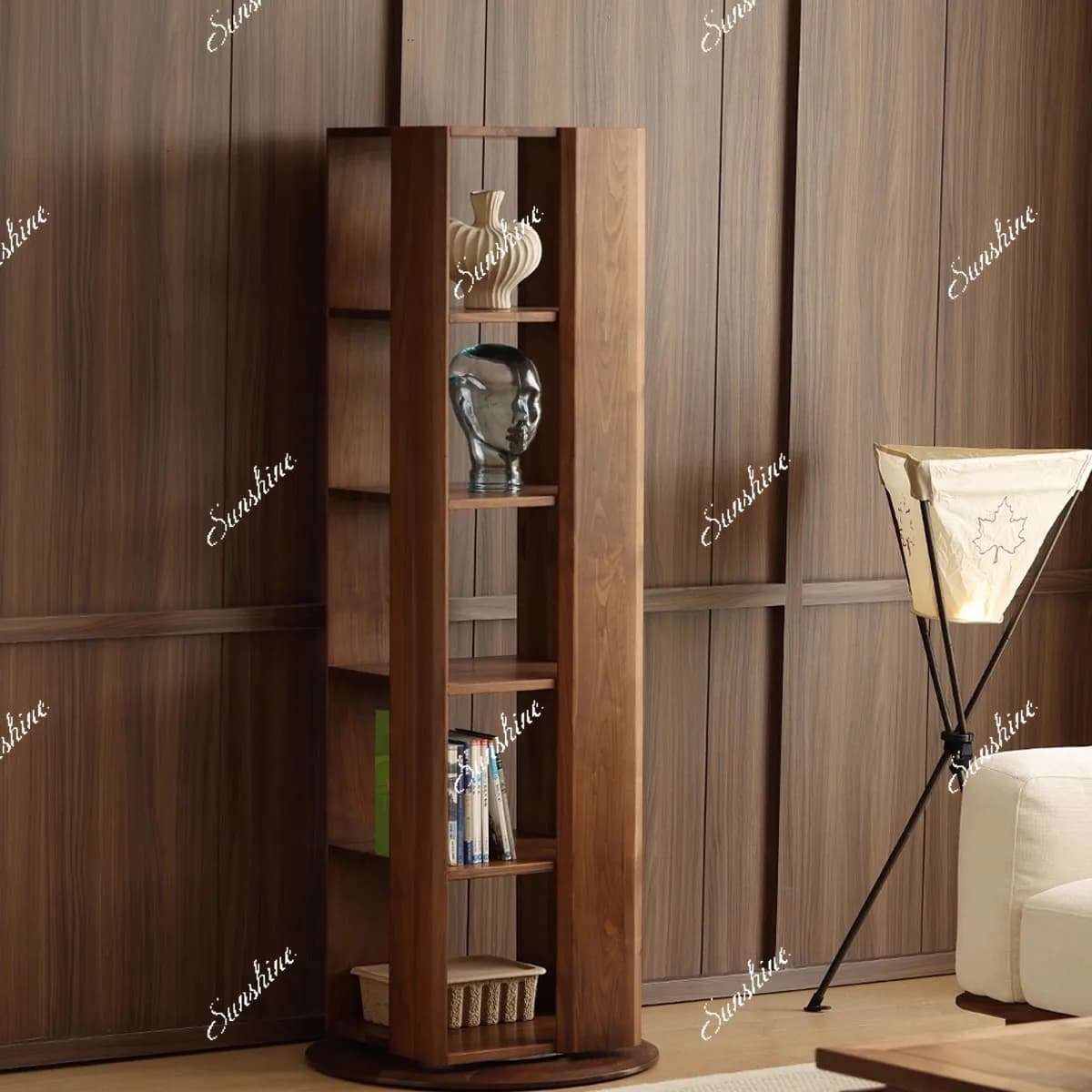 Black walnut 360 rotating bookshelf floor-to-ceiling vertical living room multi-layer storage solid wood display cabinet