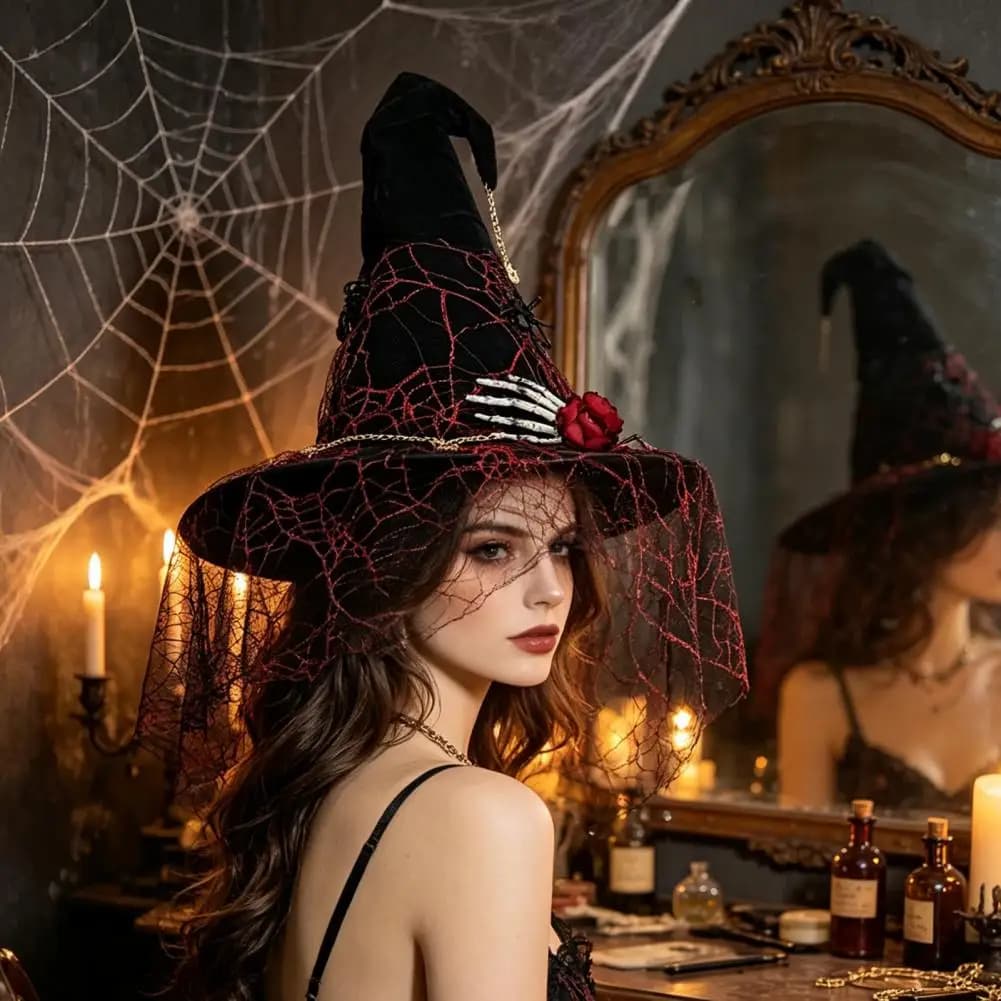 Reusable Holiday Ornaments Punk Skeleton Hand Witch Hat with Spider Mesh Veil Black Costume Accessory for Halloween for Parties