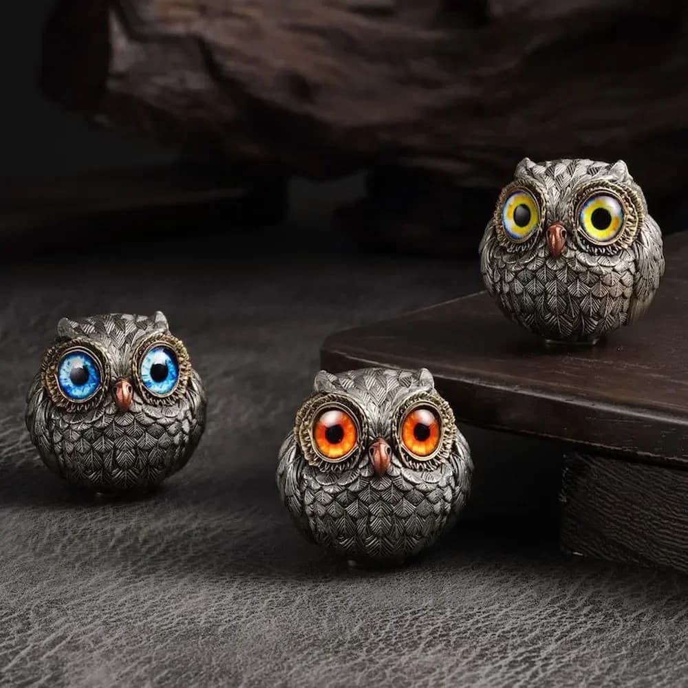 3 pcs Lucky Owl Guardian Statue Big Eyes Handmade Resin Owl Figurine Realistic Feather Animal Home Desktop Decor Gift
