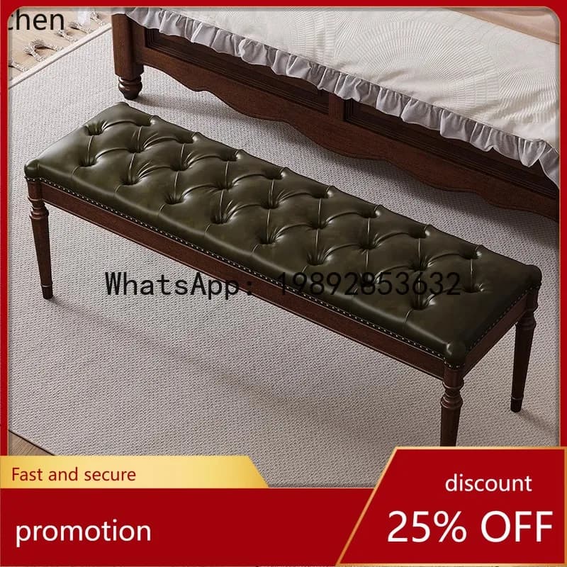 YFY  End Stool Vintage Country Bedroom Solid Wood Genuine Leather Long Stool Home High-End Simple Shoe Changing Stool