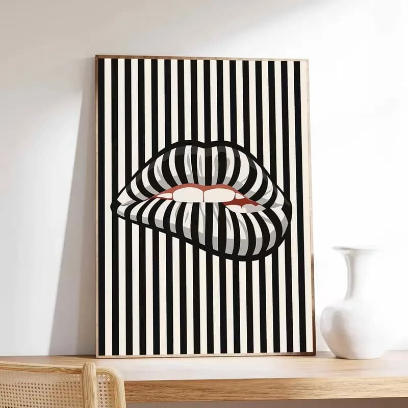 Simple and Abstract Striped Lip-shaped Canvas Poster Art Wall, Modern Living Room and Bedroom Interior Home Decoration
