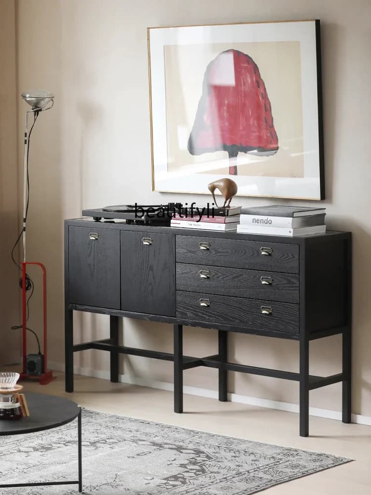 Modern Minimalist Nordic Style Designer Model Three-Drawer Double Door Side Cabinet Black Cabinet Living Room