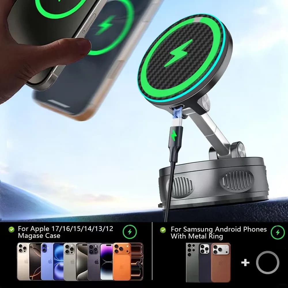 Magnetic Wireless Charger Car Phone Holder Vacuum Suction Cup Stand 360° Adjustable Dashboard Mount For Magsafe iPhone 12-17