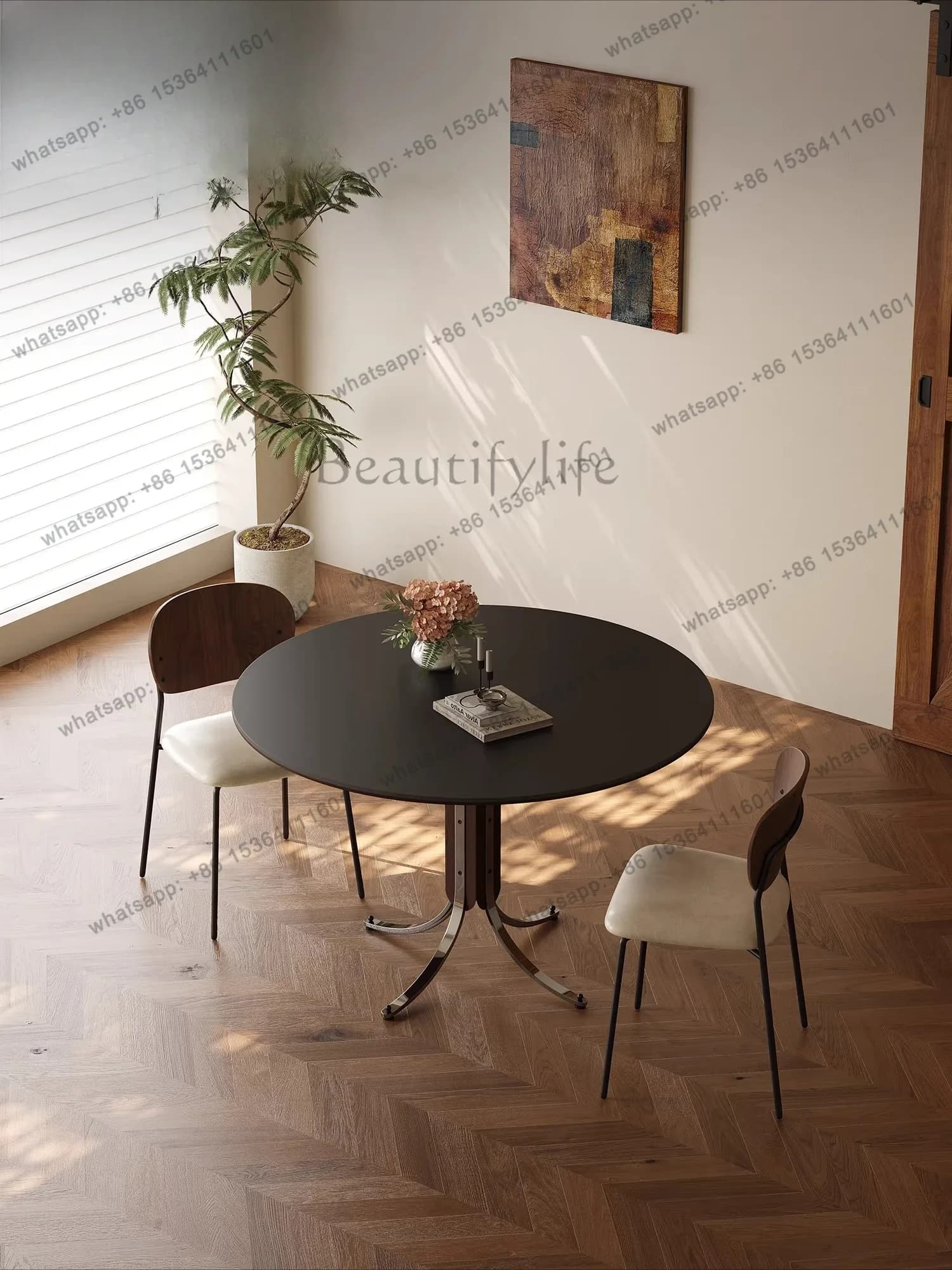 FG40Black rock slab dining table household light luxury modern simple restaurant negotiation round table