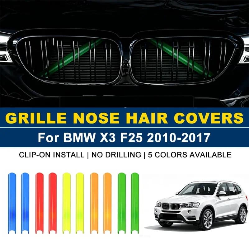 Clip-on Front Kidney Grille Trim Strips 2Pcs, No Drill Colorful Nose Hair Covers For BMW X3 F25 2010-2017 2011 2012 2013 2014