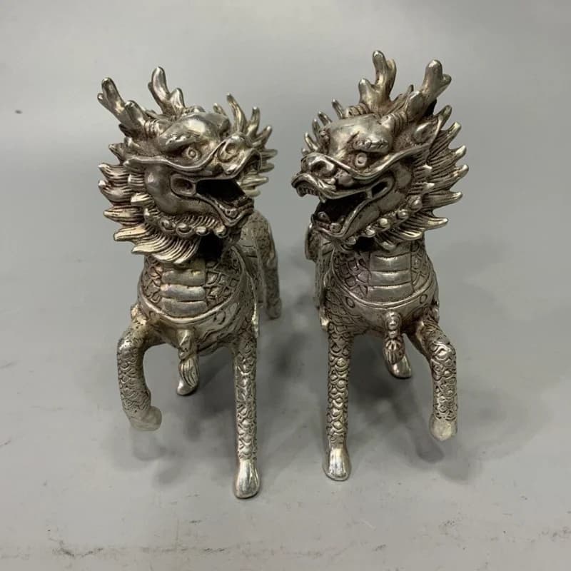 Pair White Copper Silver Plated Kylin Statue Chinese Feng Shui Auspicious Qilin Figurine Home Desktop Decor Collectible