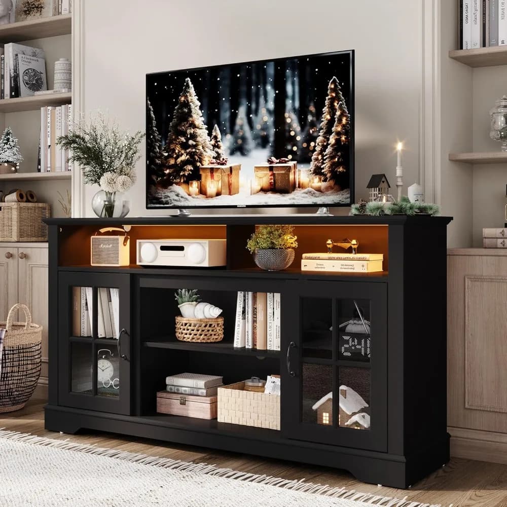 Modern Farmhouse Style 65 Inch TV Stand, 32 Inch Tall Entertainment Center with LED Lights and Glass Door Cabinet