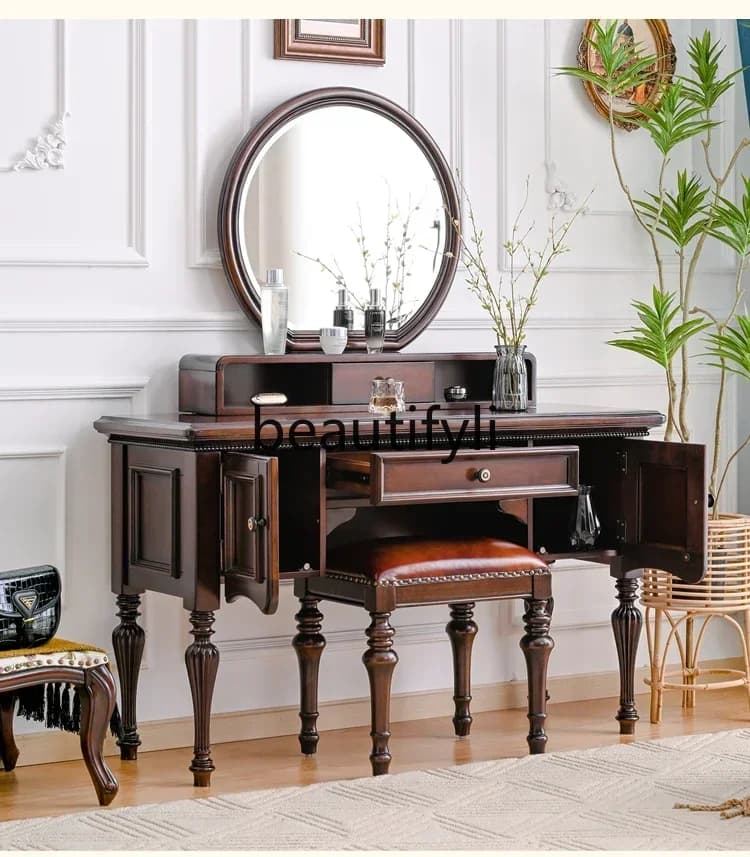 D33Red Cherry American Dresser Solid Wood Retro Makeup Table Luxury Dresser