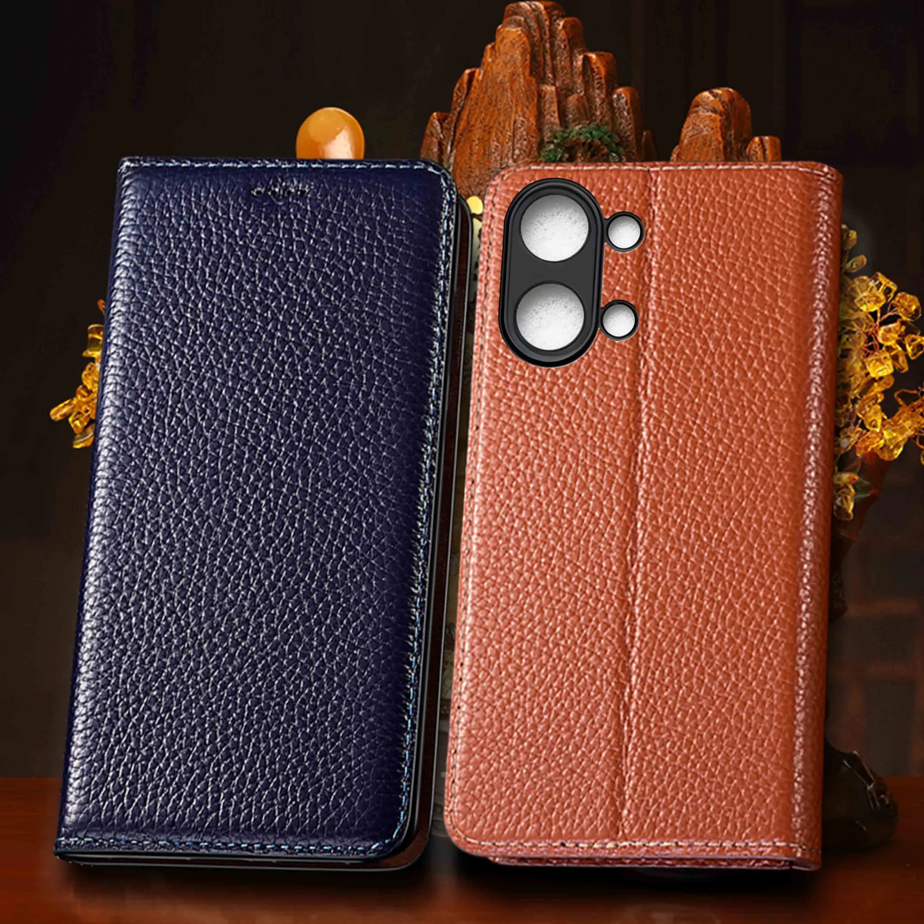 For Xiaomi Poco X3 X4 X5 X6 X7 X8 Pro NFC GT Neo Max 5G Large Lychee Pattern Of Genuine Leather Flip Phone Cover Case Cowhide