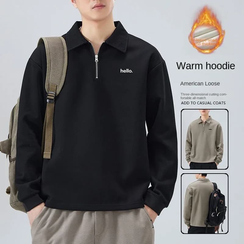 Mens Fleece Lined Lapel Long Sleeve Polo Shirt Autumn Winter Thick Warm Casual Loose Solid Color Male Polo Top