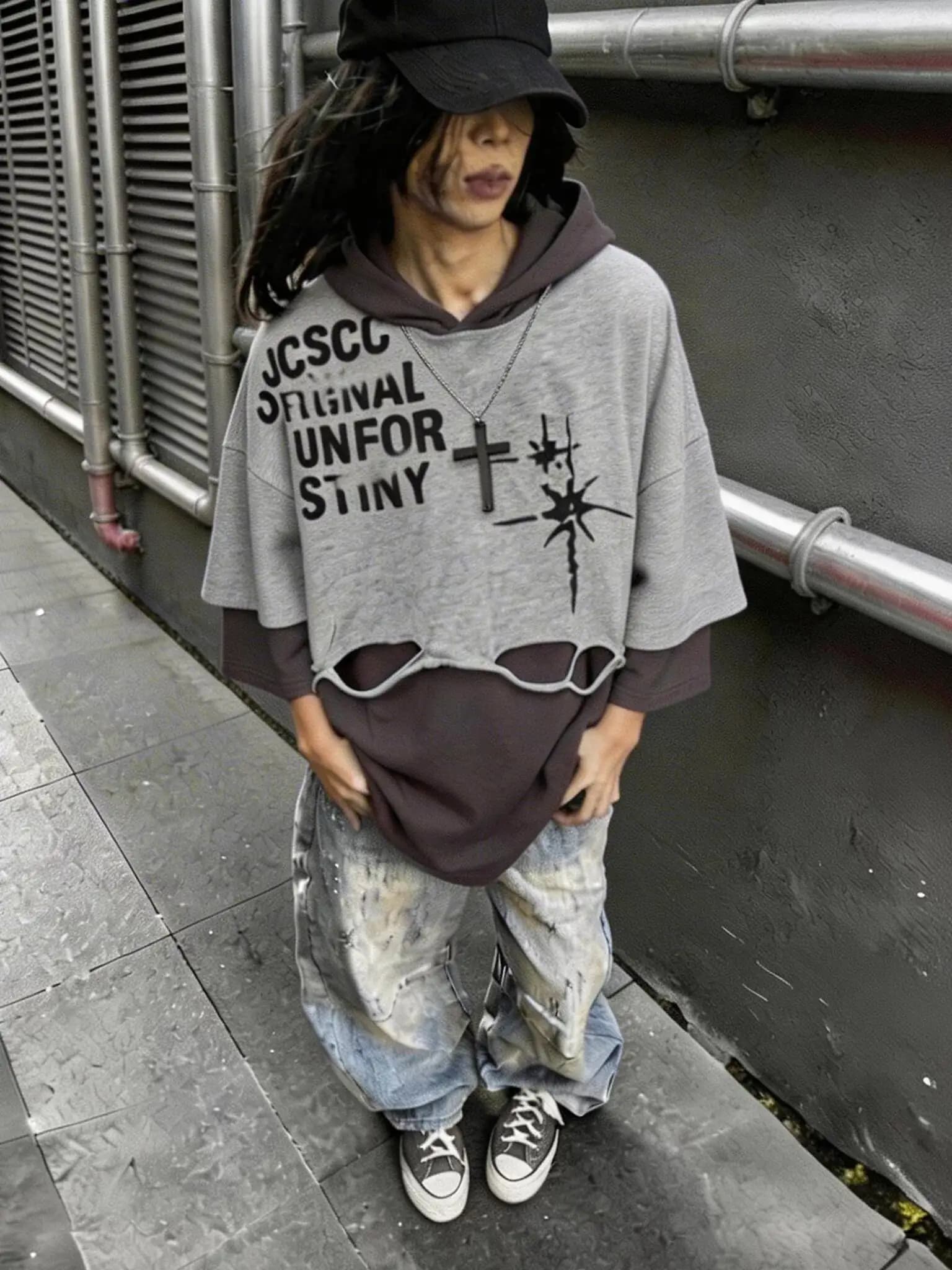 Unsiex Gothic Punk Hoodies 2026 New Hip Hop Vintage Hooded Loose Fake Two Piece Letters Print Casual Street Short Sleeve T-shirt