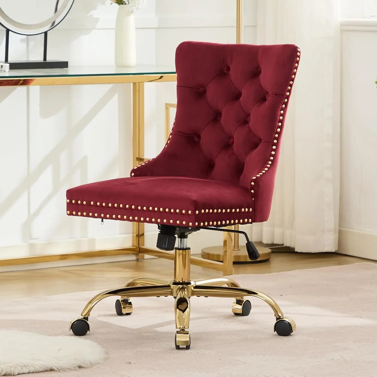 Burgundy Velvet Vanity Chair with Wheels, Armless Home Office Chair