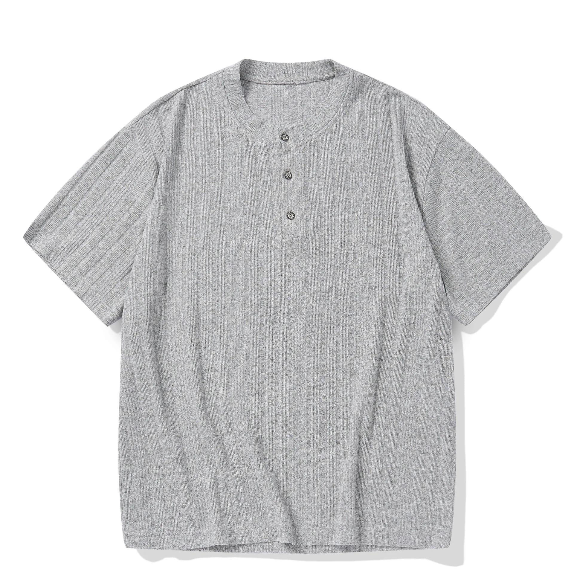 Old Money Style Japanese Retro Henley Collar Knitted Short Sleeved T-shirt for Men and Women Loose Half Sleeved T-shirt Tee