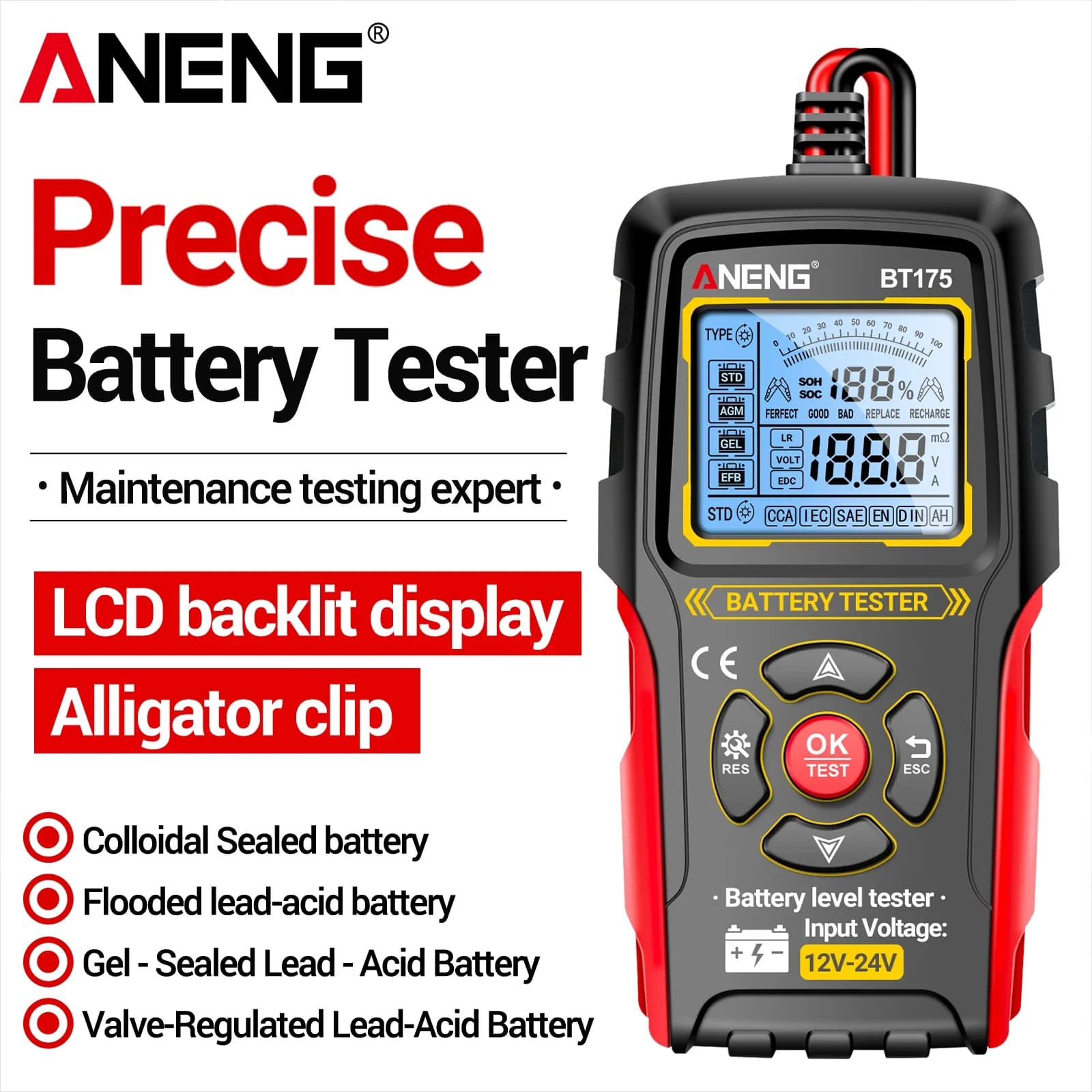 ANENG BT175 Battery Analyzer 12V/24V Battery Tester AGM EFB GEL Battery Analyzer CCA Load Test Battery Health Diagnostic Tool