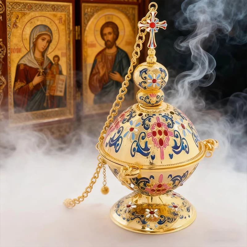 New Orthodox Church Censer Religious Gift Gold Plated Colorful Enamel Long Chain With Bells Church Decoration Orthodox Censer