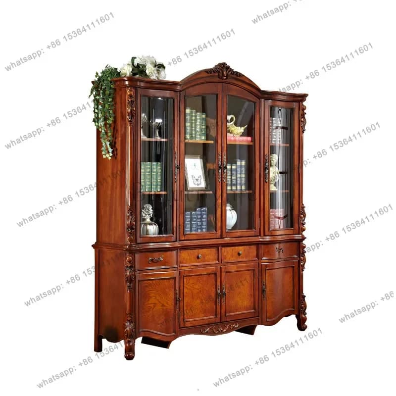 FG40American bookcase solid wood carving flower four doors European retro locker with door study furniture