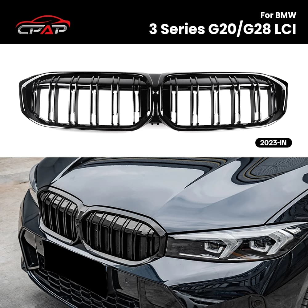 Front Bumper Kidney Grille Double Slat Hood Grilles For BMW 3 Series G20 G28 LCI 2023-IN Gloss Black