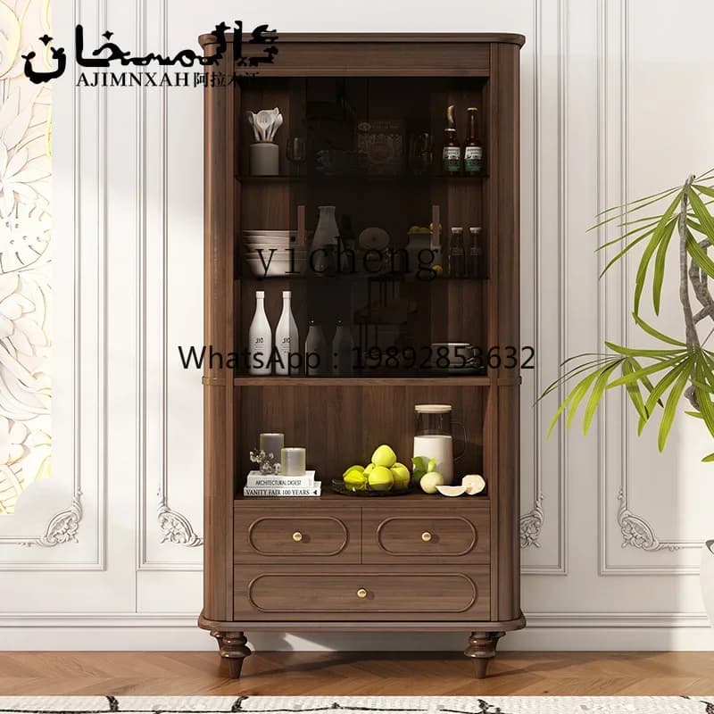 H3-20  French solid wood retro bookcase glass door display cabinet cream white wind integrated locker decoration