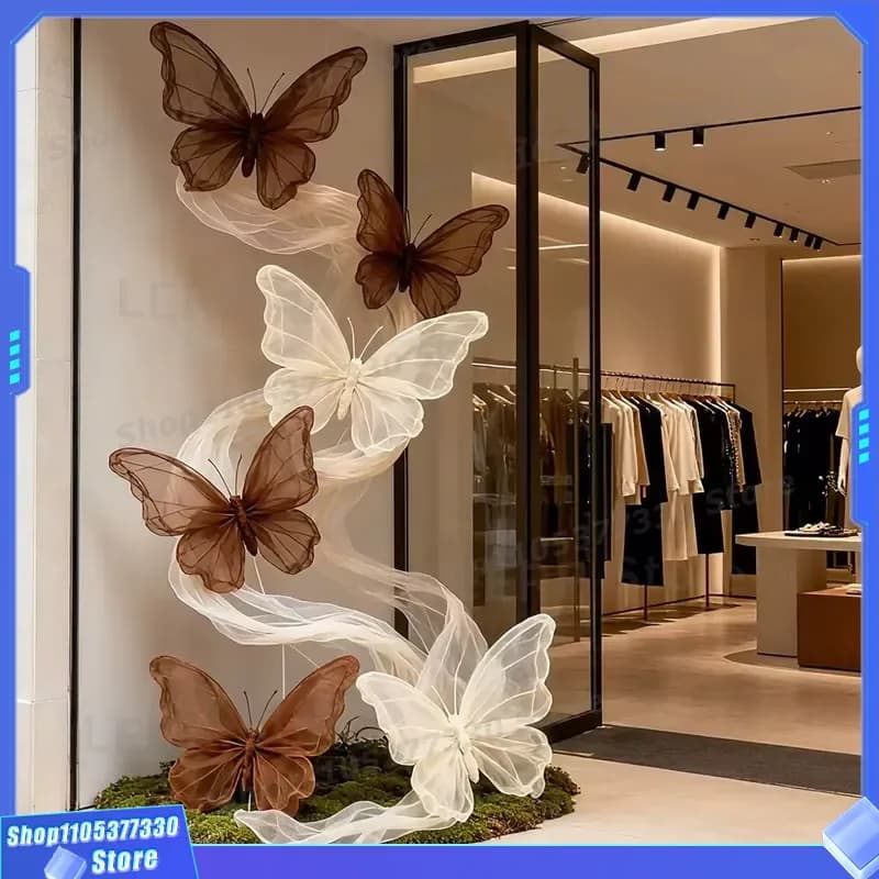Luxury Giant Organza Butterfly Decoration for Retail Storefront Window Display Brown Beige Art Gallery Event Venue Decor