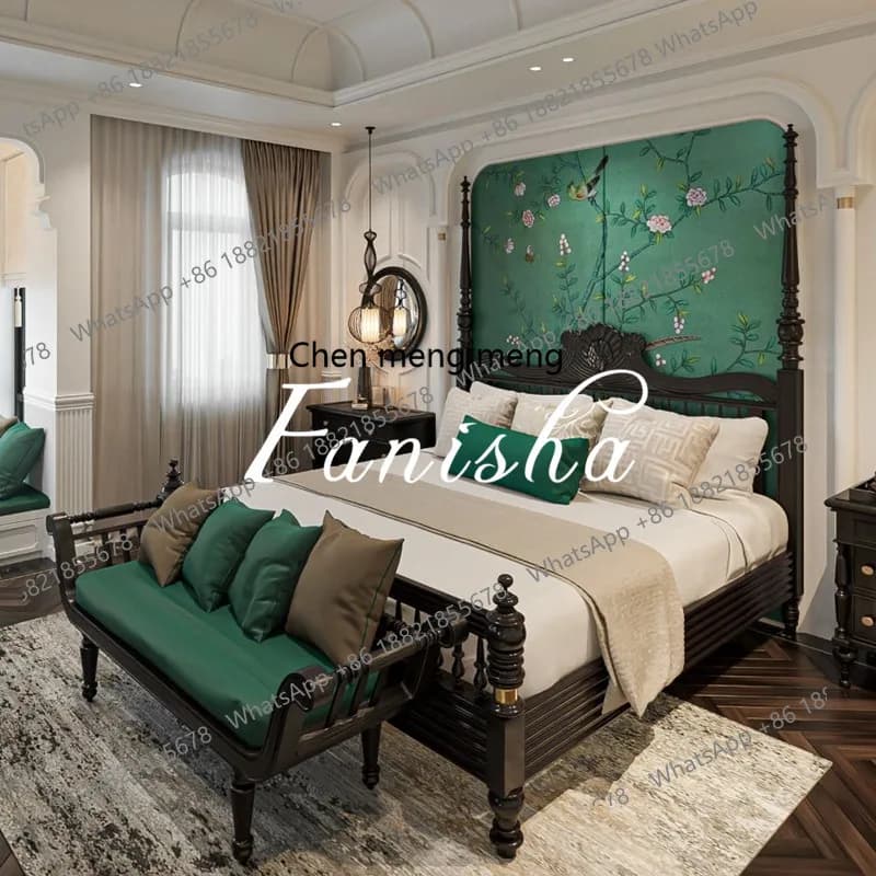 French black solid wood bed master bedroom queen  European carved 1.8 meters wedding bed American double bed bedroom
