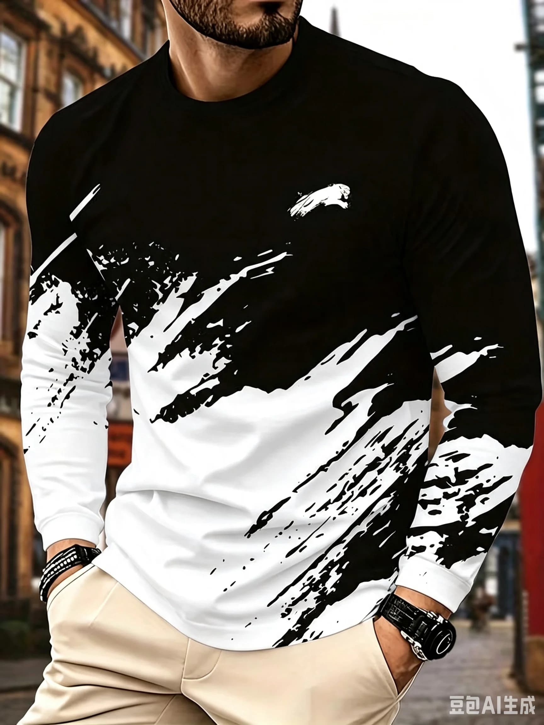 Fashion Black white minimalism printed long sleeves men T-shirt spring autumn breathable fitness leisure t-shirts and shirt top