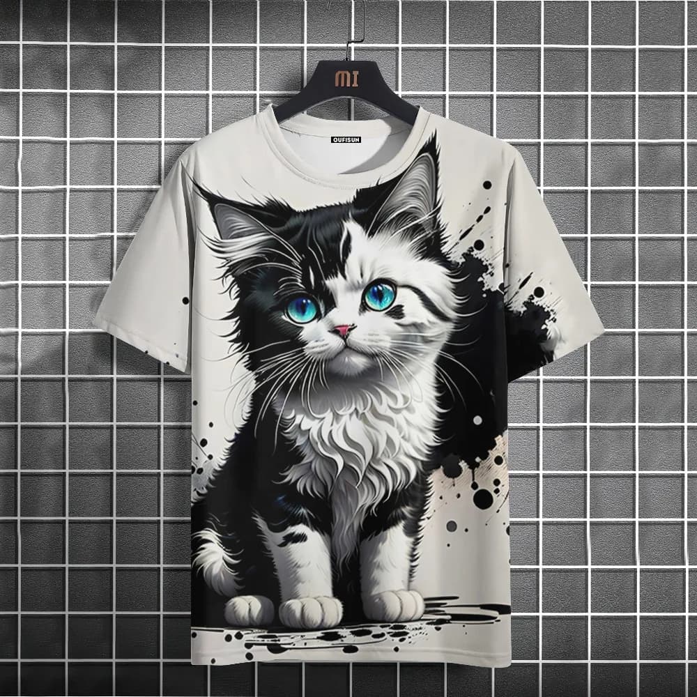 Cute Cat 3D Print Men's T Shirt Cartoon Animal Pattern Short Sleeve Tops Casual O-neck Loose Pullover Summer Fashion y2k Clothes