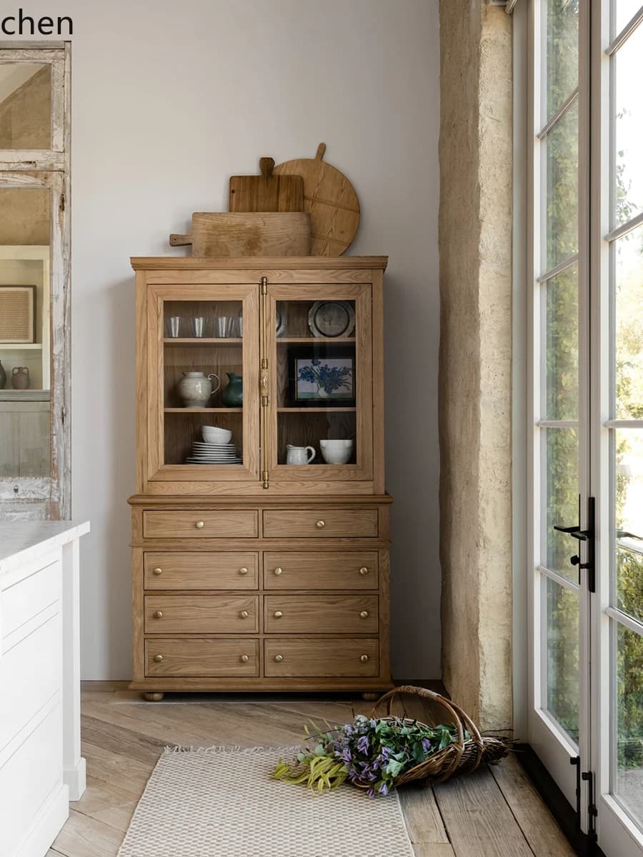 PYH Retro Solid Wood Sideboard Vintage Style Wine Cabinet Wall-Mounted Integrated Storage Oak Display Cabinet