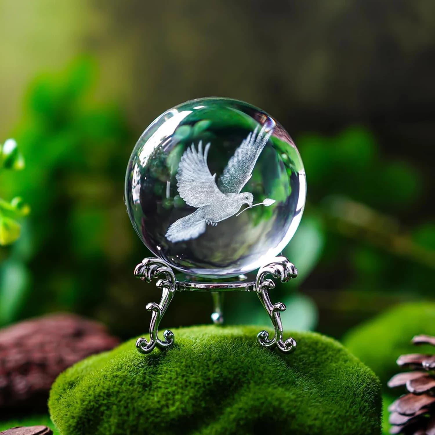 6cm 3D Peace Dove Crystal Ball Figurine with Metal Stand Glass Pigeon Ornament Decor for Home Table Souvenir Glass Crafts