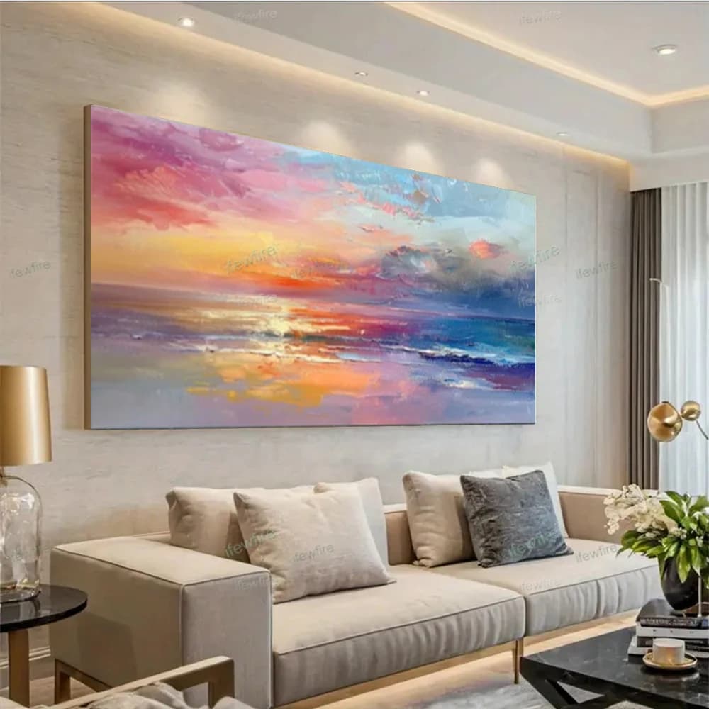 100% Handpaint Oil Paintings On Canvas Wall Art Abstract Blue Rendering Of Riverside Scenery Poster For Living Room Decor Mural