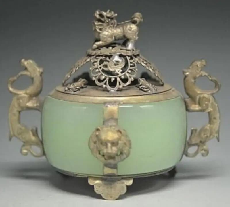 RARE UNIQUE CHINESE SILVER COPPER INLAID JADE DRAGON LION INCENSE BURNER
