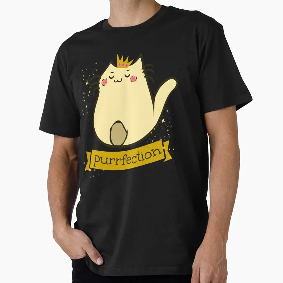 cat - purrfection_ Fitted T-Shirt  Gift t shirt for men 100% cotton printed tee Men's Short Sleeve Graphic Clothes All size tops