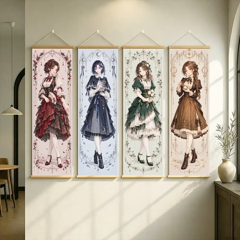 Anime Girls in Dark Gothic Dresses Hanging Scroll with Red, Navy, Green and Brown Floral Designs for a Cozy Reading Nook