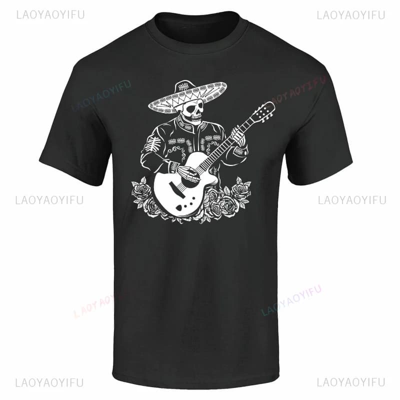 Mariachi Skeleton Guitar T-shirt Day of The Dead Halloween Shirts Unisex Cotton Shirts Anime Clothes Funny Pattern O-neck Tees