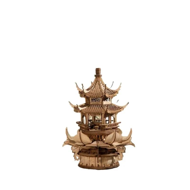 NEW Mortise and tenon wooden building block music box antique architectural music box smart lotus pavilion gift three-dimensiona