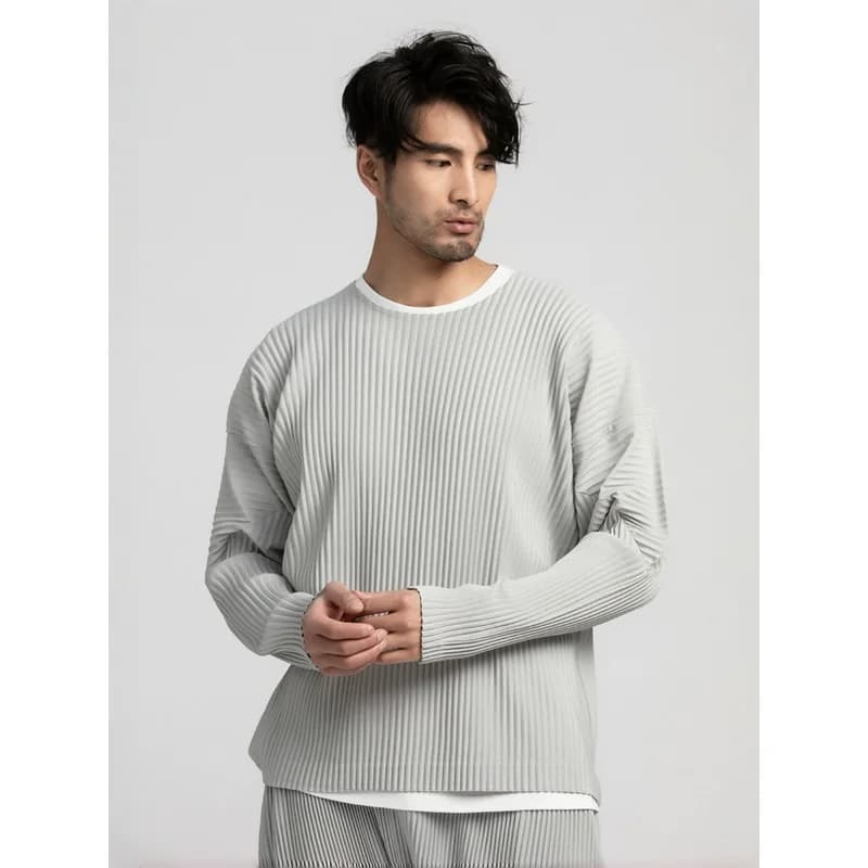 Miyake Pleated Shirt Men Long Sleeve T Shirt Casual Loose Fit Round Neck Tops Japanese Style Streetwear Breathable Pullover