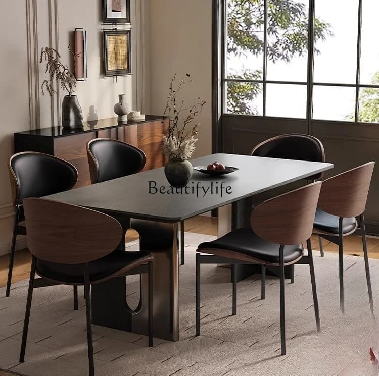 Italian minimalist slate dining table, home black dining table, modern simple small apartment