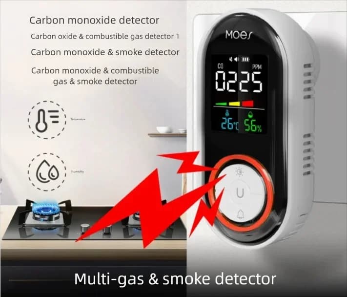 Combustible Gas Sensor CO Smoke Detector with Temperature And Humidity Monitoring Alarm for Kitchen Garage