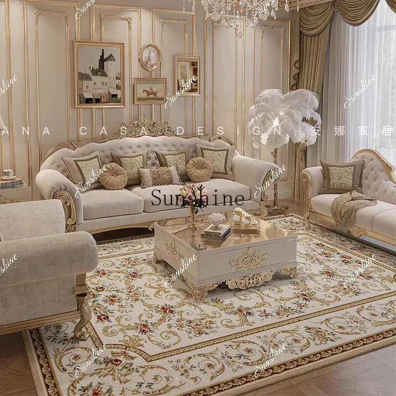 Solid wood sofa romantic court style light luxury carved fabric three-person small apartment living room furniture combination