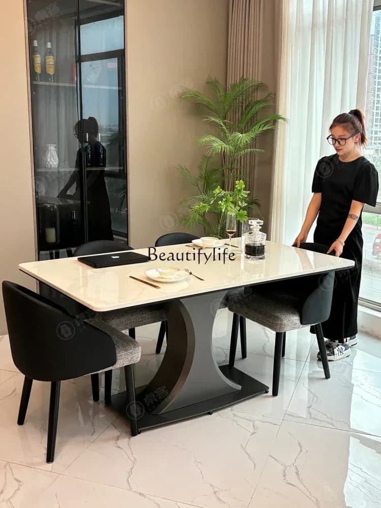 02Household Rectangular Dining Table Modern Simple Luxury Stone Natural Microlite Dining Table