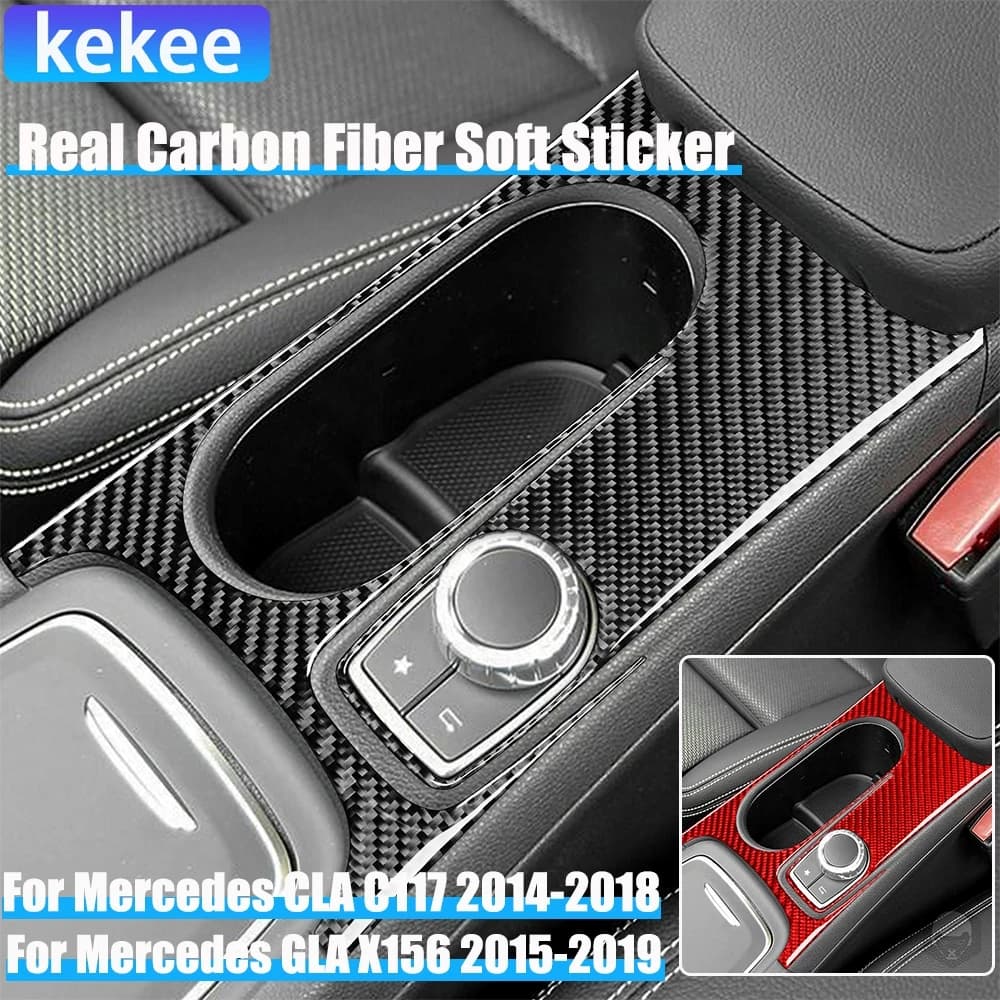 Real Carbon Fiber Car Accessories Cup Holder Surround Trim Cover Soft Sticker For Mercedes CLA C117 2014-2018 GLA X156 2015-2019