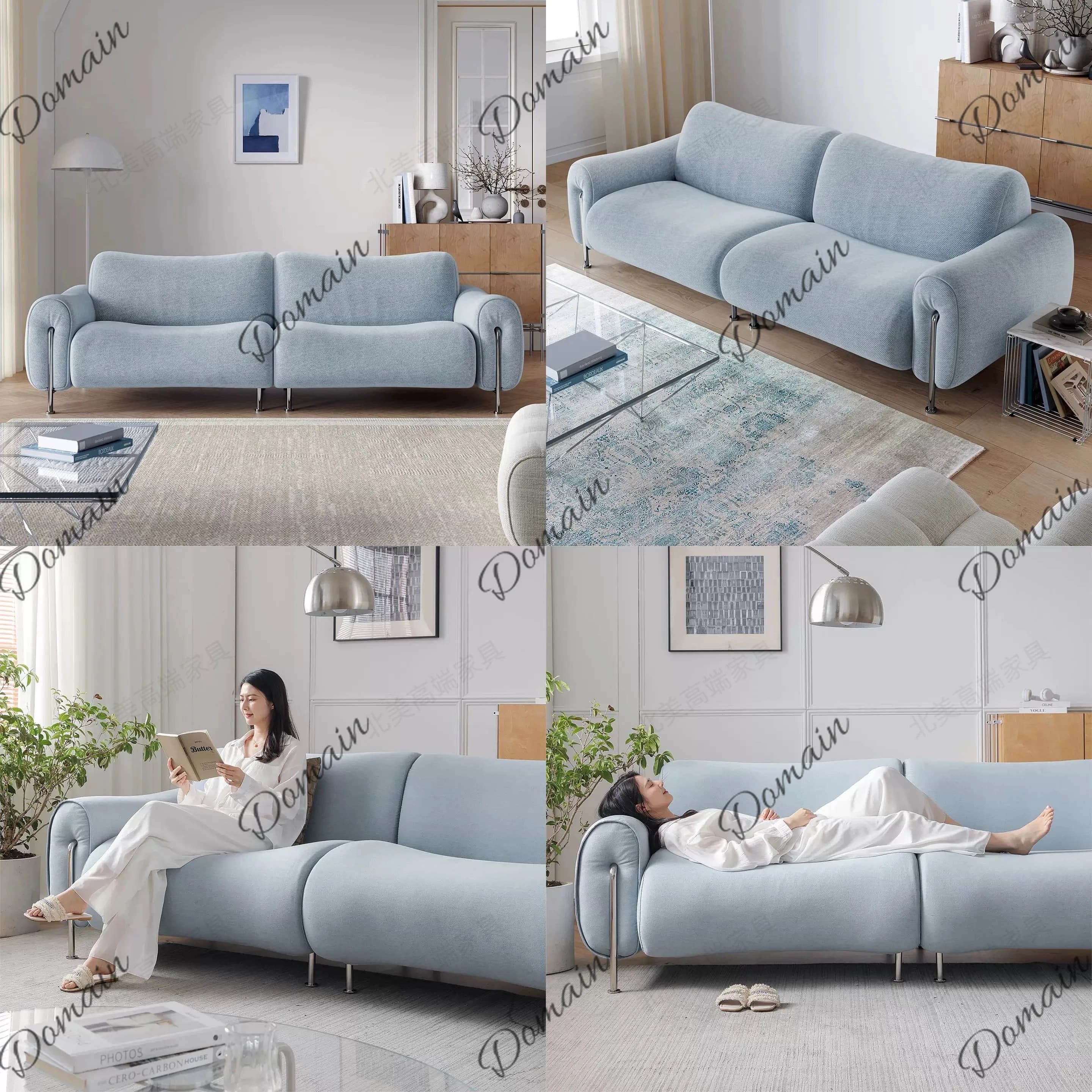Nordic Wabi-Sabi  Blue Fabric Sofa Light Luxury Cream Style Removable Washable Designer Living Room Lounge Sofa