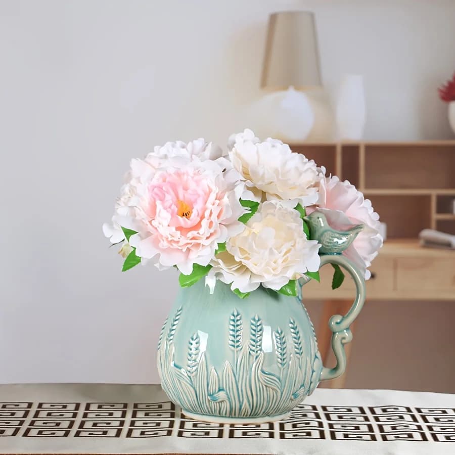 Retro Pastoral Ceramic Pitcher Vase with Bird Handle, Hydroponic Water‑Holding Decor Vase for Living Room Balcony Home Ornament