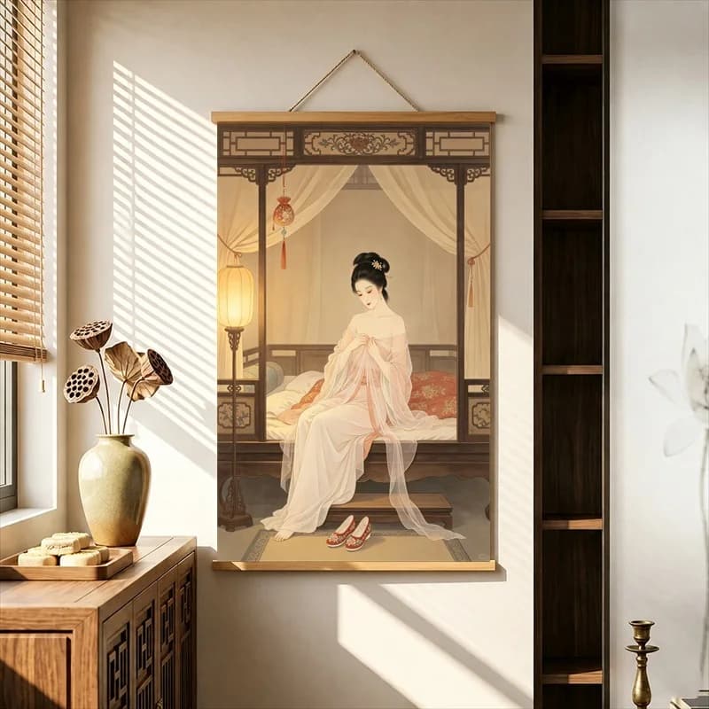 Wall Decorations Classical Women Reading beside Wooden Windows, Pearlescent Canvas Hanging Scroll for Reading Nook Wall Decor