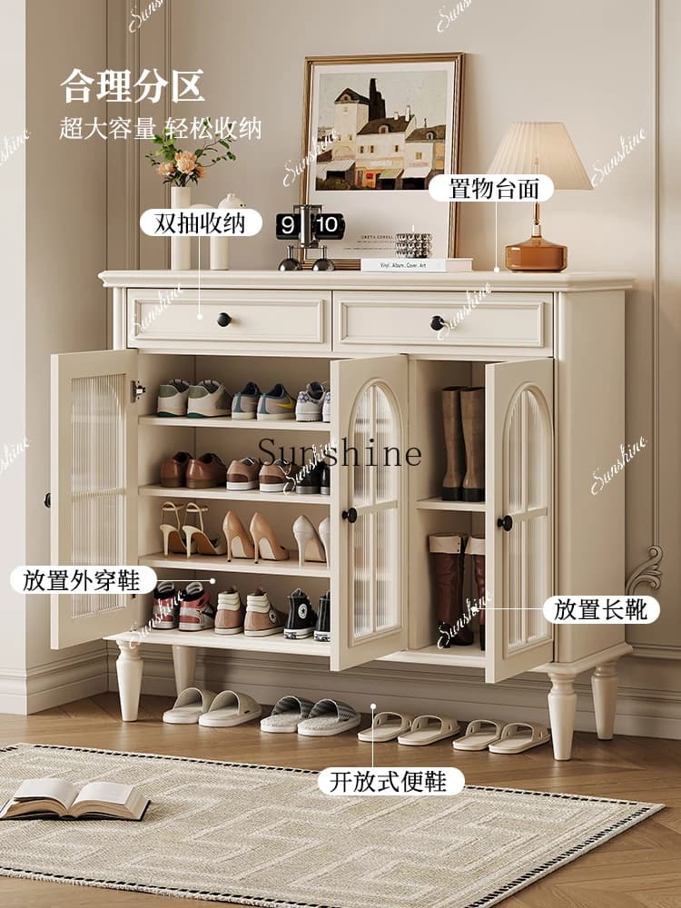 French cream style all solid wood shoe cabinet, integrated entrance cabinet, household door storage FT