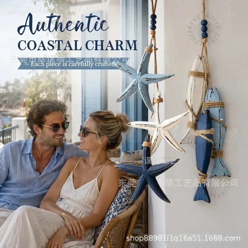 Coastal Wooden Starfish & Fish Hanging Decor, Beachy Wall Art Hanging, Mediterranean Ocean Theme Bathroom Pendant for Bathroom