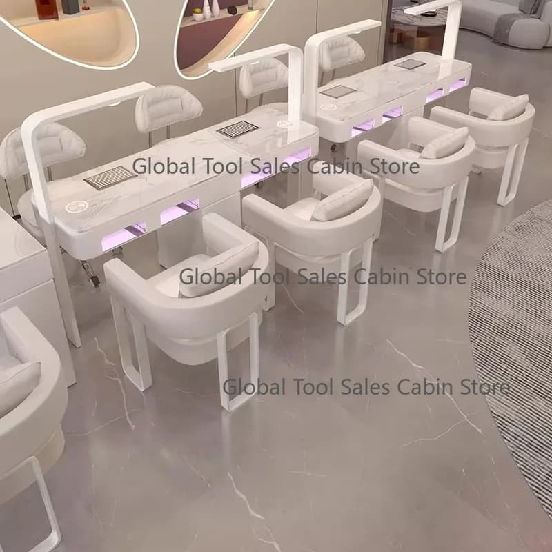Nail Salon White Marble Top Double Seater Manicure Table and Chair Set Modern Shop Nail Table with Lights
