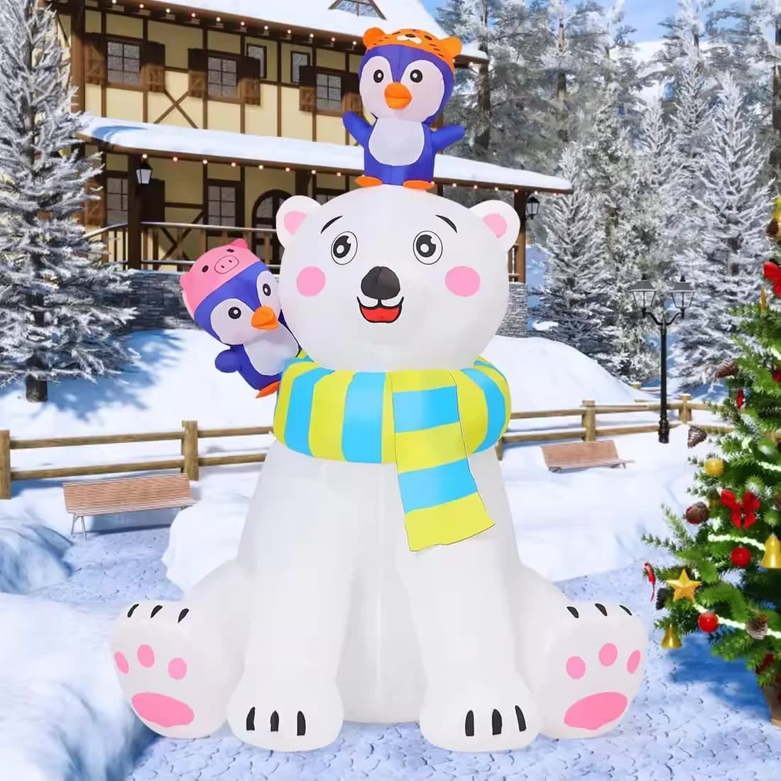 6 FT Christmas Polar Bear Inflatable with Penguins Cute Inflatable Polar Bear Outdoor Christmas Inflatables