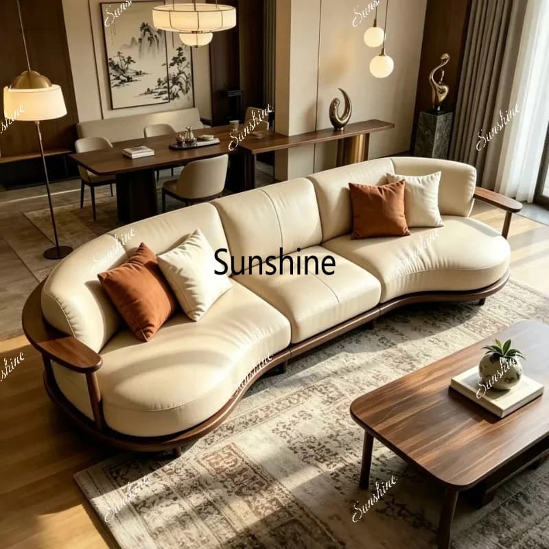New Chinese curved solid wood sofa, large living room light luxury Zen