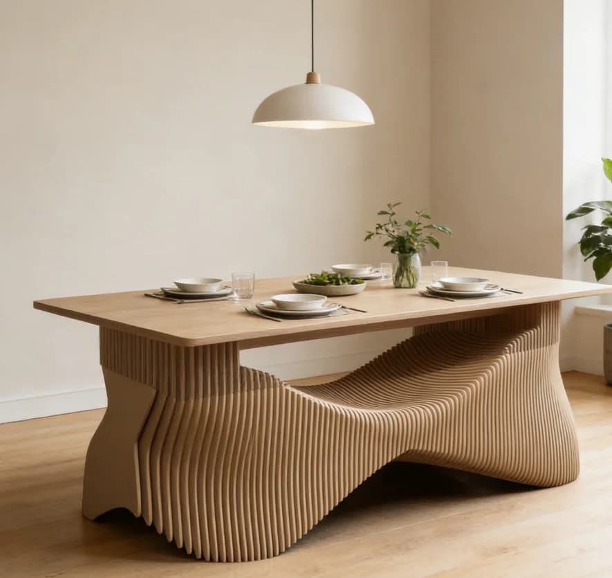 ！@Wooden Dining Table Base Wave Layered Design Solid Wood Construction Curved Shape for Home Restaurant